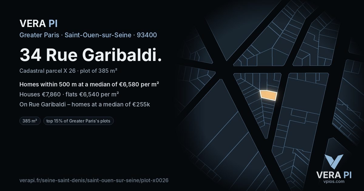 34 Rue Garibaldi, Saint-Ouen-sur-Seine at night – the plot lit, the parcels around coloured by the prices near them