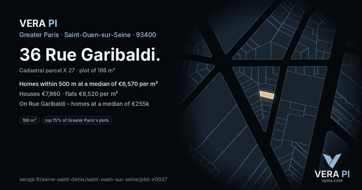36 Rue Garibaldi, Saint-Ouen-sur-Seine at night – the plot lit, the parcels around coloured by the prices near them