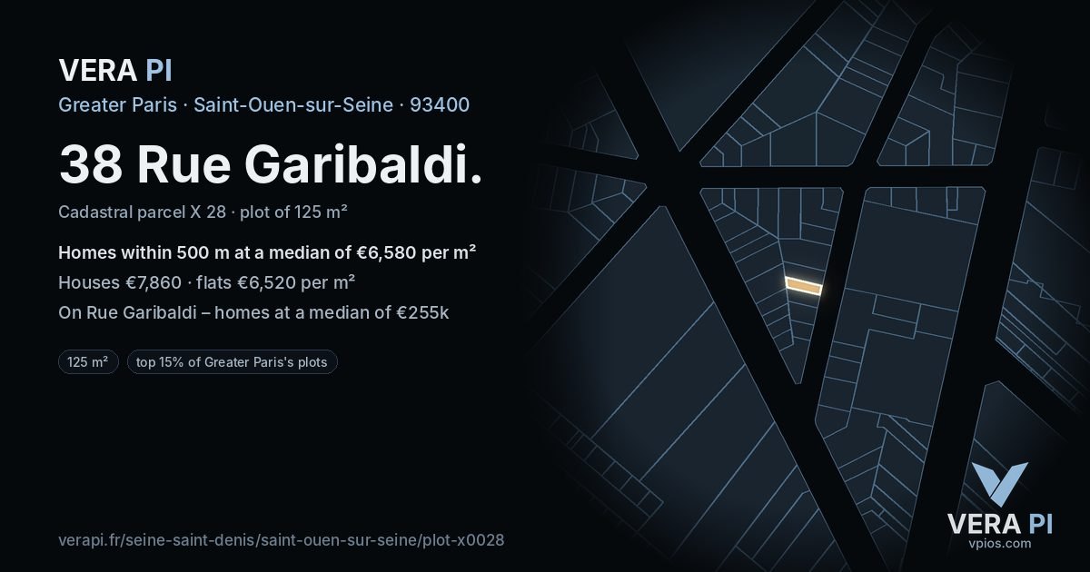 38 Rue Garibaldi, Saint-Ouen-sur-Seine at night – the plot lit, the parcels around coloured by the prices near them