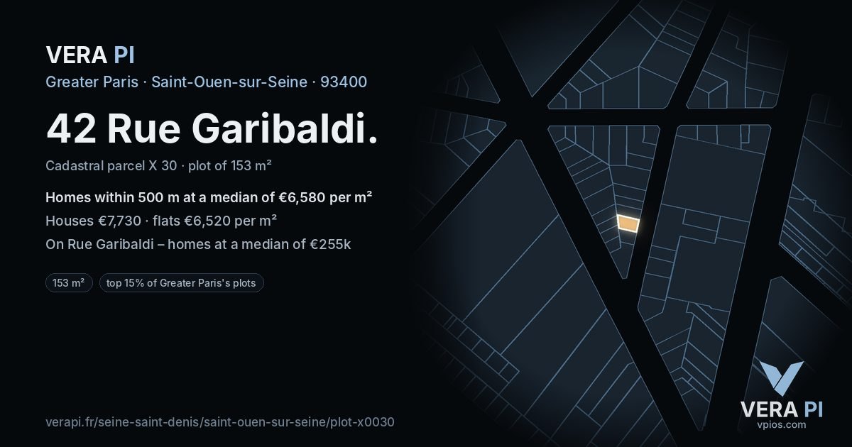 42 Rue Garibaldi, Saint-Ouen-sur-Seine at night – the plot lit, the parcels around coloured by the prices near them
