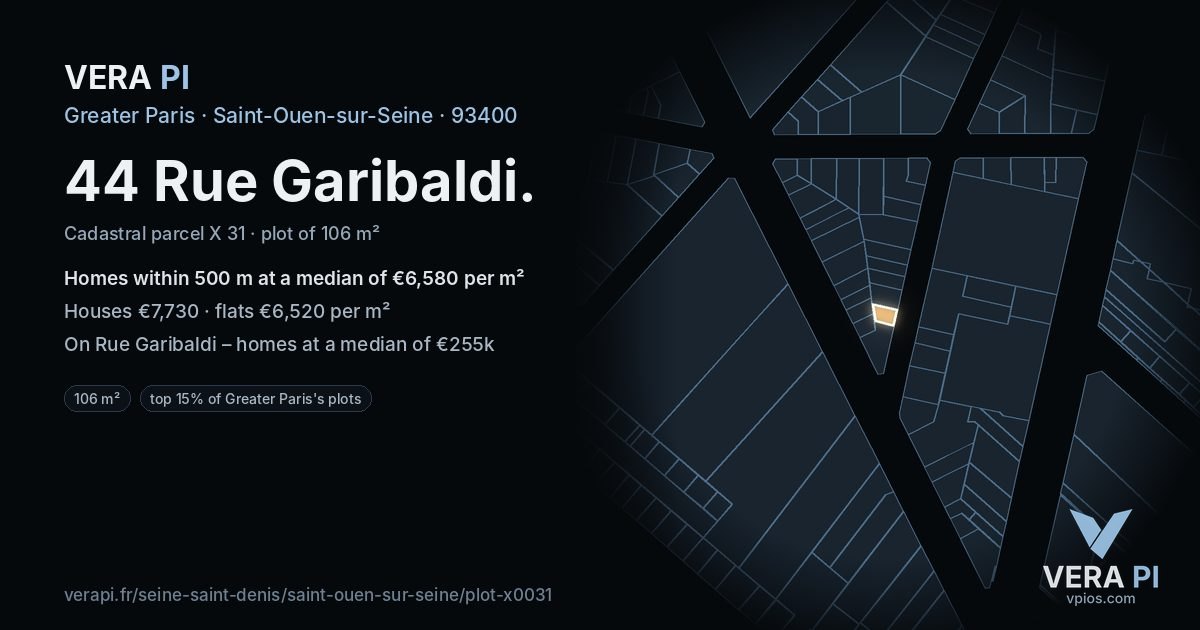44 Rue Garibaldi, Saint-Ouen-sur-Seine at night – the plot lit, the parcels around coloured by the prices near them