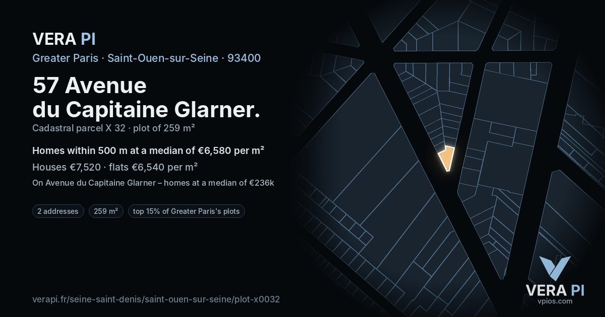 57 Avenue du Capitaine Glarner, Saint-Ouen-sur-Seine at night – the plot lit, the parcels around coloured by the prices near them