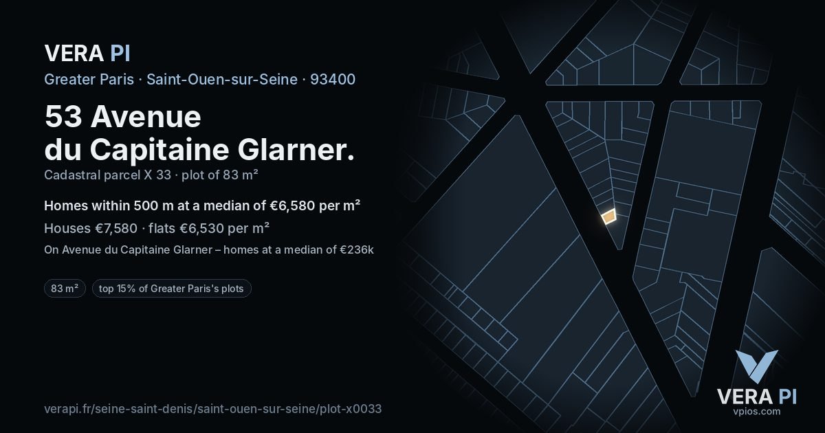 53 Avenue du Capitaine Glarner, Saint-Ouen-sur-Seine at night – the plot lit, the parcels around coloured by the prices near them