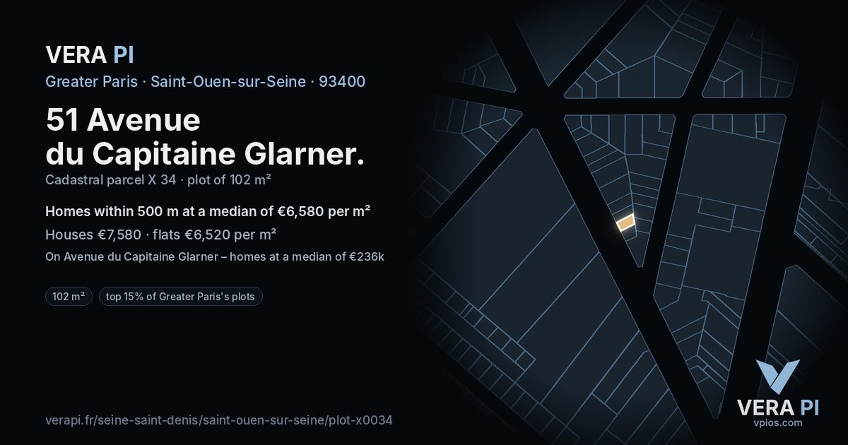 51 Avenue du Capitaine Glarner, Saint-Ouen-sur-Seine at night – the plot lit, the parcels around coloured by the prices near them