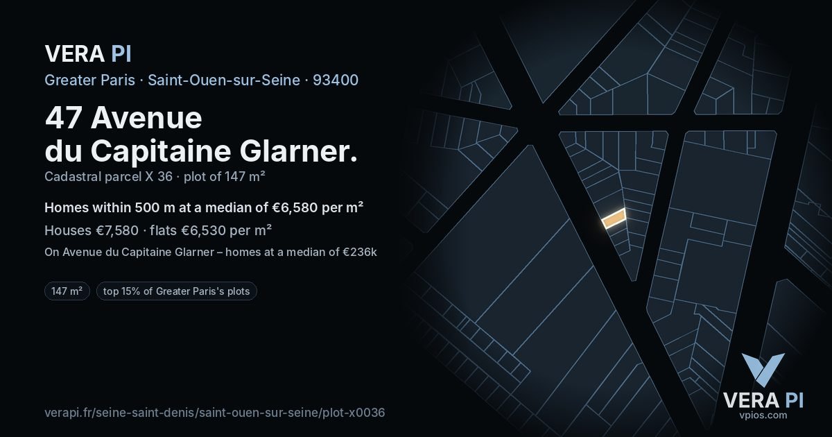 47 Avenue du Capitaine Glarner, Saint-Ouen-sur-Seine at night – the plot lit, the parcels around coloured by the prices near them