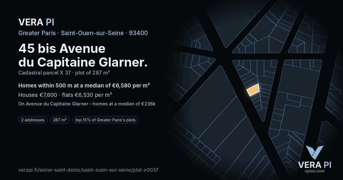 45 bis Avenue du Capitaine Glarner, Saint-Ouen-sur-Seine at night – the plot lit, the parcels around coloured by the prices near them