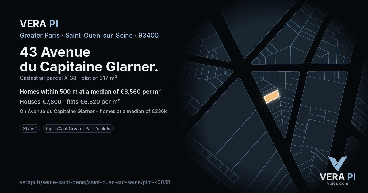 43 Avenue du Capitaine Glarner, Saint-Ouen-sur-Seine at night – the plot lit, the parcels around coloured by the prices near them