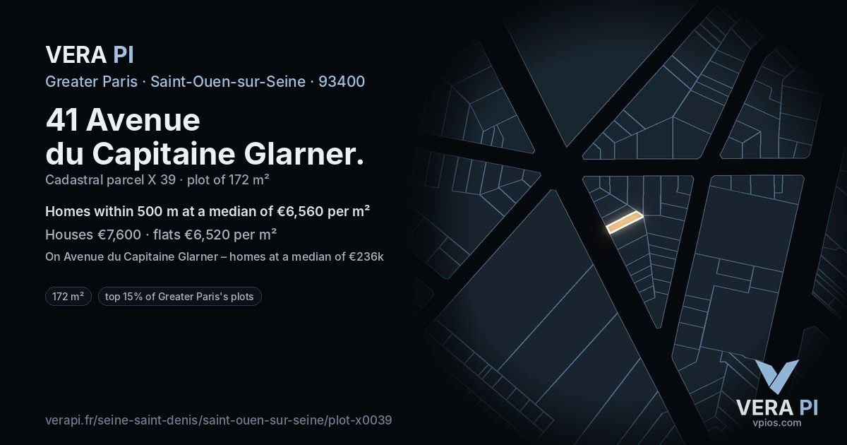 41 Avenue du Capitaine Glarner, Saint-Ouen-sur-Seine at night – the plot lit, the parcels around coloured by the prices near them