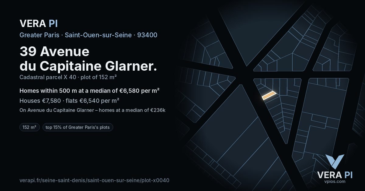 39 Avenue du Capitaine Glarner, Saint-Ouen-sur-Seine at night – the plot lit, the parcels around coloured by the prices near them