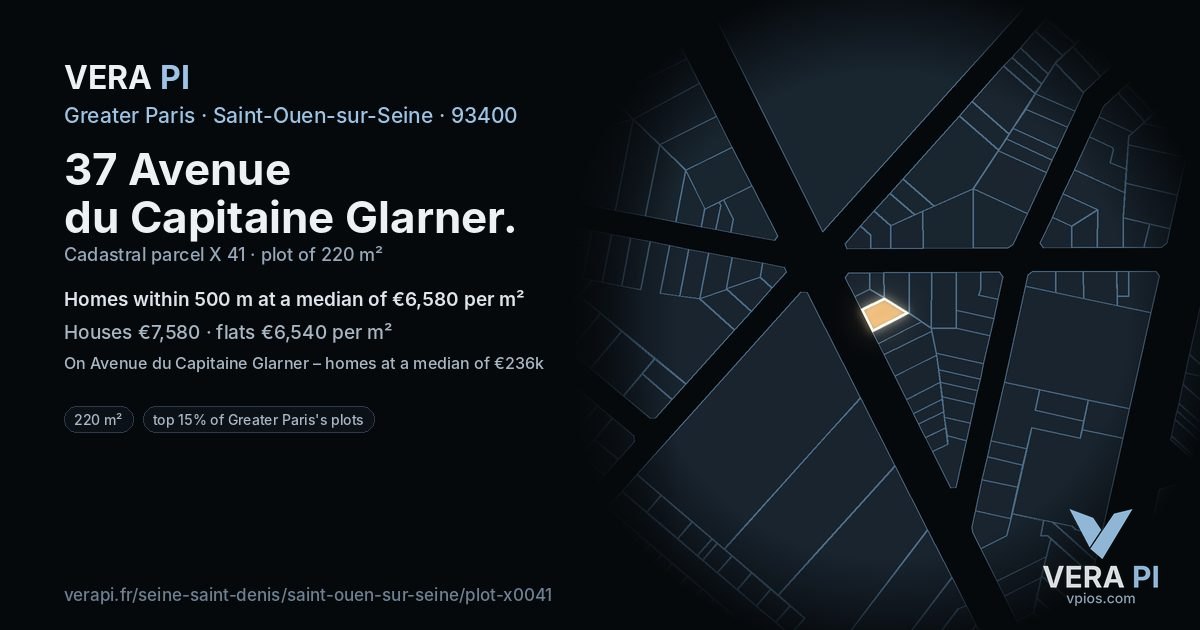 37 Avenue du Capitaine Glarner, Saint-Ouen-sur-Seine at night – the plot lit, the parcels around coloured by the prices near them
