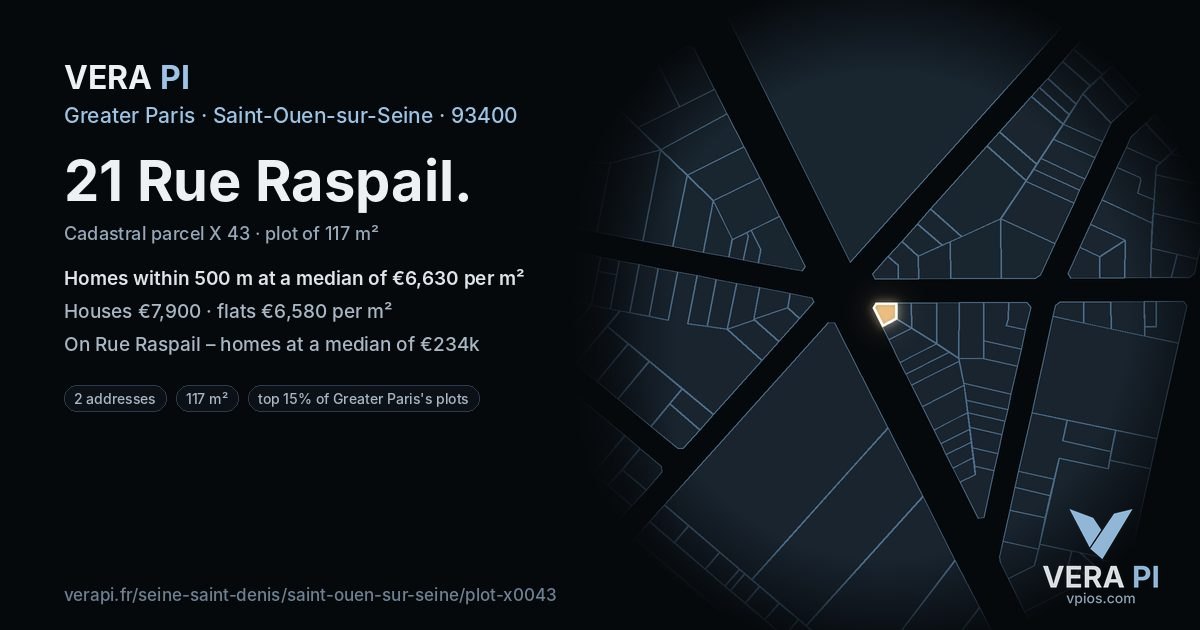 21 Rue Raspail, Saint-Ouen-sur-Seine at night – the plot lit, the parcels around coloured by the prices near them