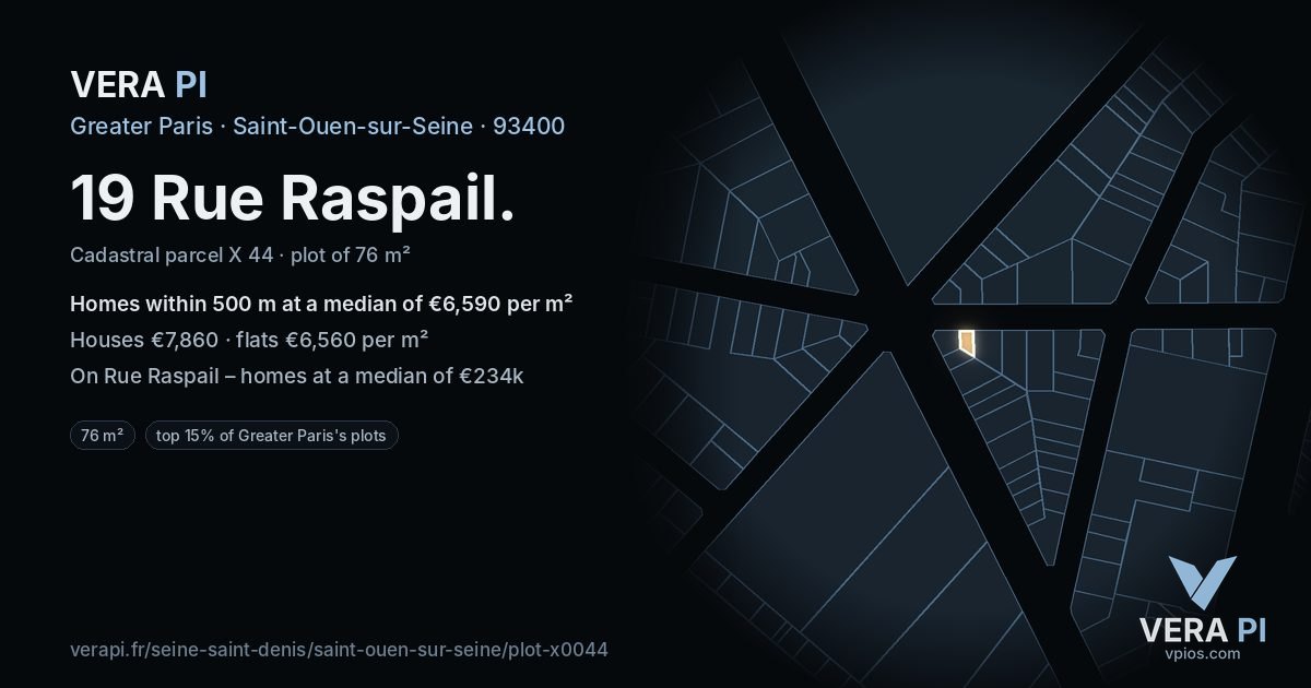 19 Rue Raspail, Saint-Ouen-sur-Seine at night – the plot lit, the parcels around coloured by the prices near them