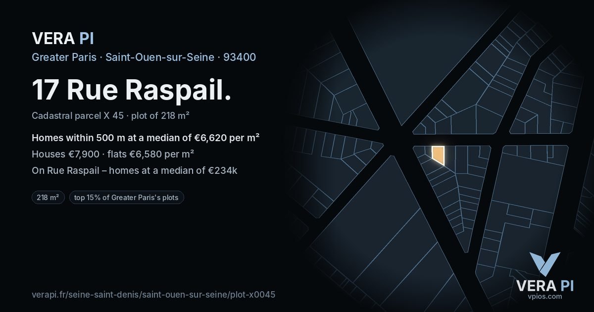 17 Rue Raspail, Saint-Ouen-sur-Seine at night – the plot lit, the parcels around coloured by the prices near them