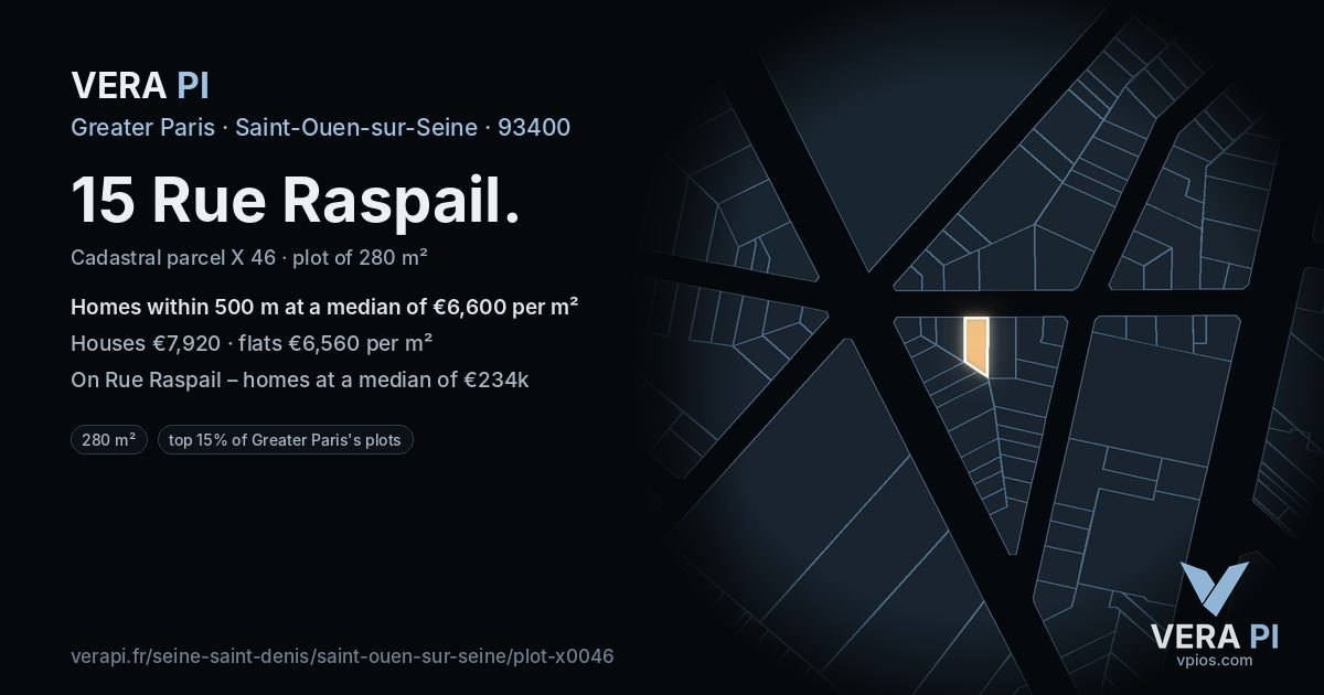 15 Rue Raspail, Saint-Ouen-sur-Seine at night – the plot lit, the parcels around coloured by the prices near them