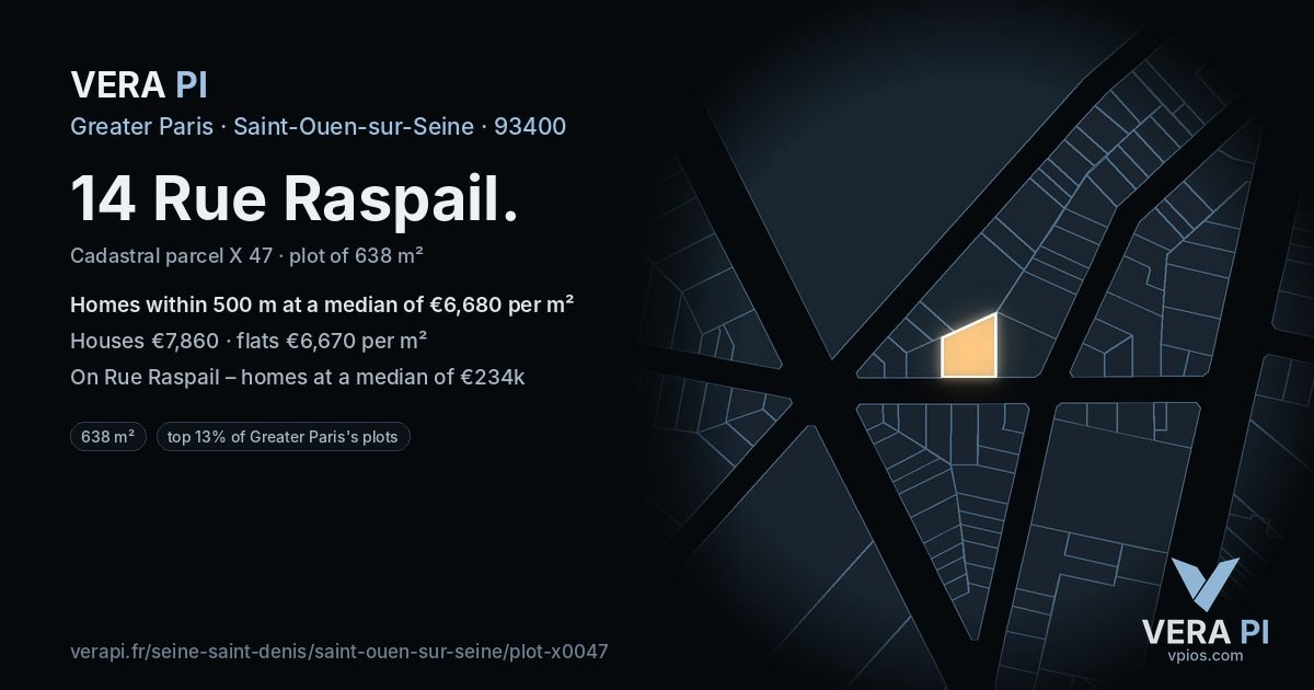 14 Rue Raspail, Saint-Ouen-sur-Seine at night – the plot lit, the parcels around coloured by the prices near them