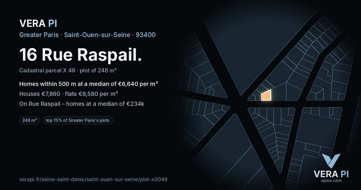 16 Rue Raspail, Saint-Ouen-sur-Seine at night – the plot lit, the parcels around coloured by the prices near them