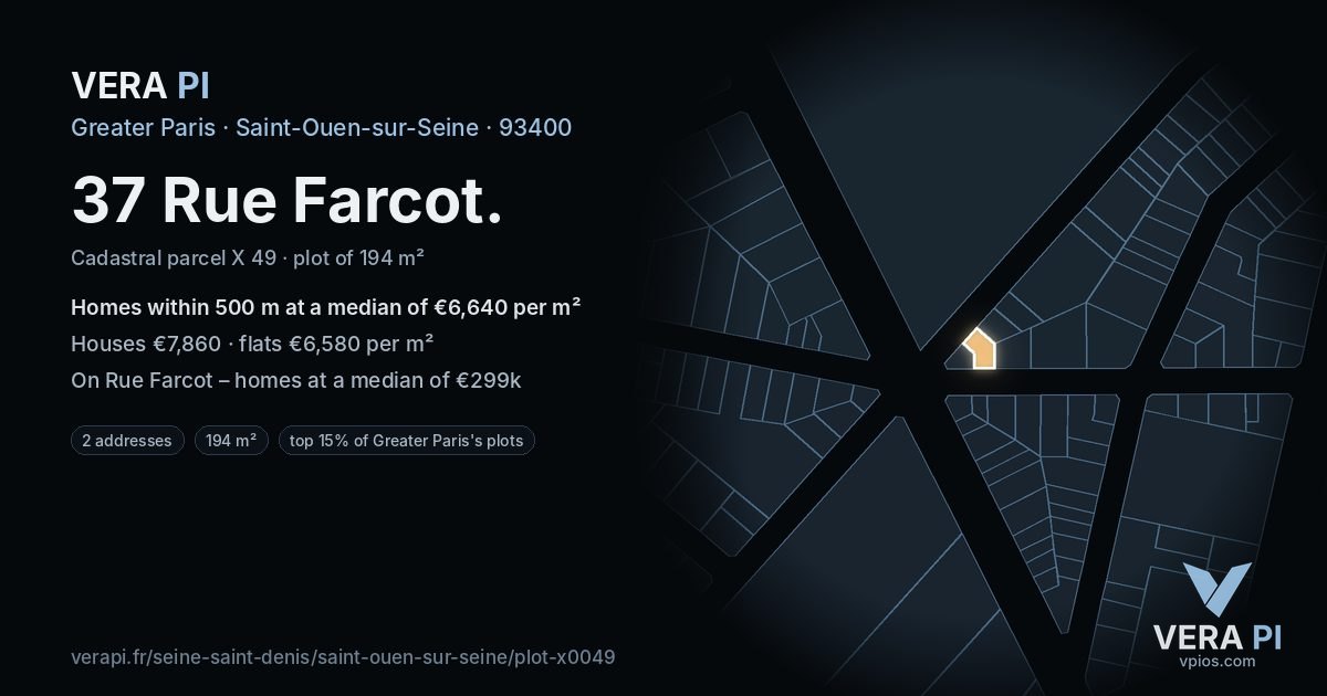 37 Rue Farcot, Saint-Ouen-sur-Seine at night – the plot lit, the parcels around coloured by the prices near them