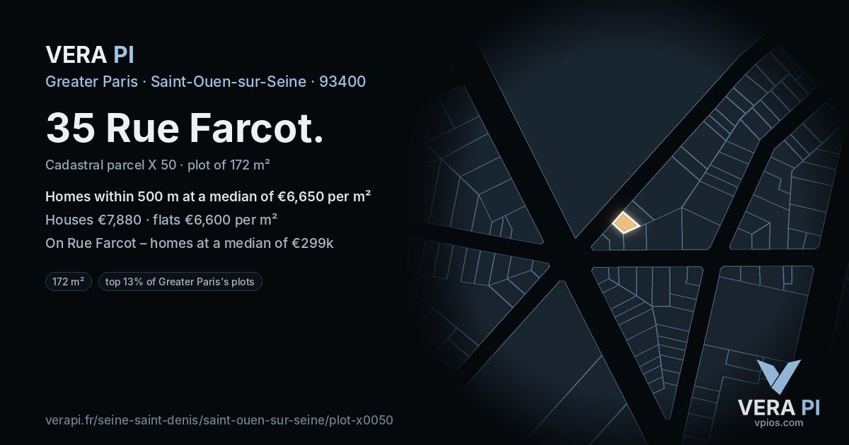 35 Rue Farcot, Saint-Ouen-sur-Seine at night – the plot lit, the parcels around coloured by the prices near them