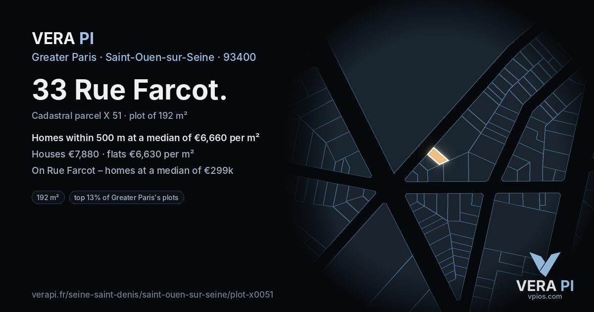 33 Rue Farcot, Saint-Ouen-sur-Seine at night – the plot lit, the parcels around coloured by the prices near them