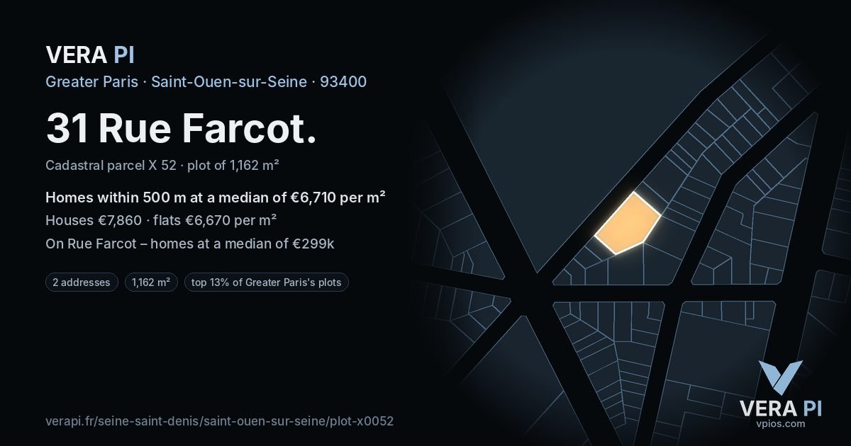 31 Rue Farcot, Saint-Ouen-sur-Seine at night – the plot lit, the parcels around coloured by the prices near them