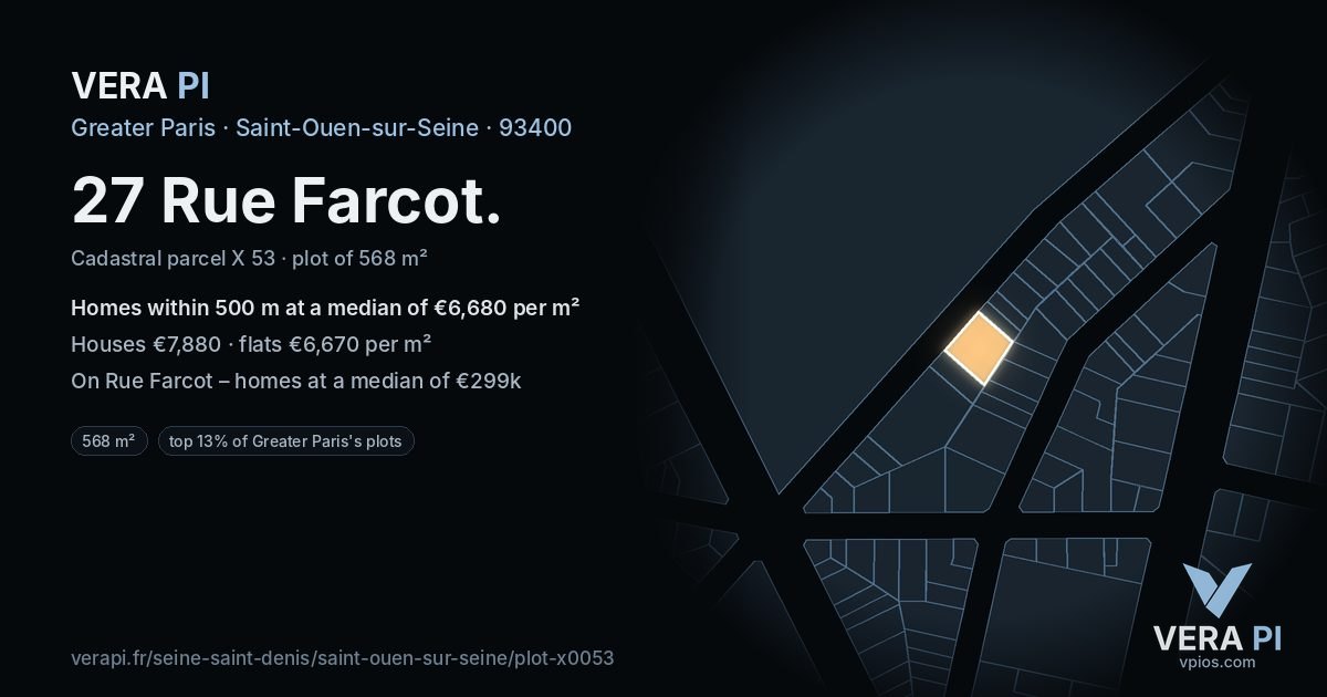 27 Rue Farcot, Saint-Ouen-sur-Seine at night – the plot lit, the parcels around coloured by the prices near them