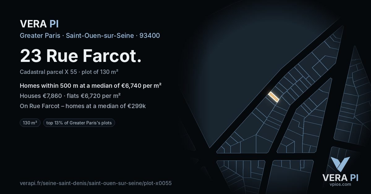 23 Rue Farcot, Saint-Ouen-sur-Seine at night – the plot lit, the parcels around coloured by the prices near them