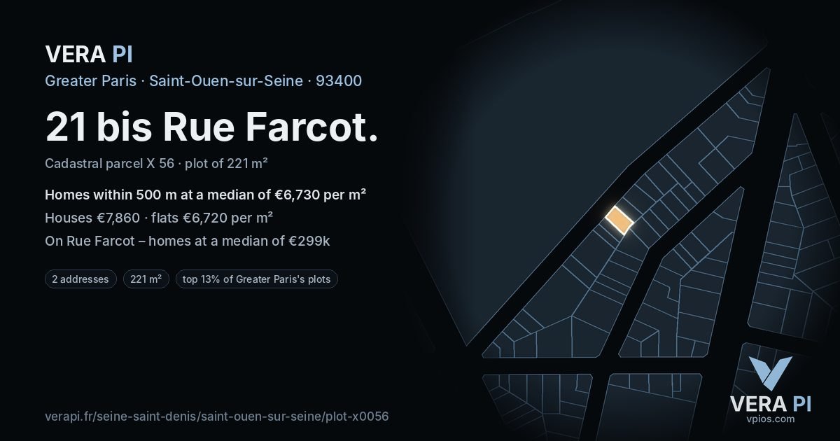21 bis Rue Farcot, Saint-Ouen-sur-Seine at night – the plot lit, the parcels around coloured by the prices near them