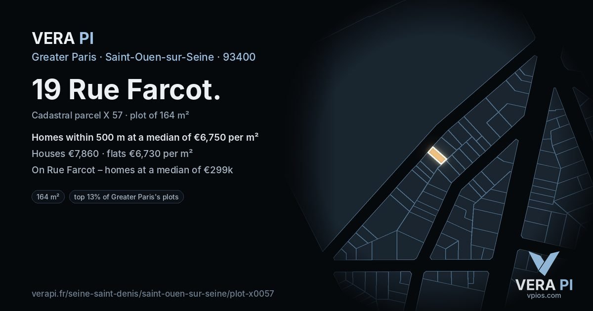 19 Rue Farcot, Saint-Ouen-sur-Seine at night – the plot lit, the parcels around coloured by the prices near them