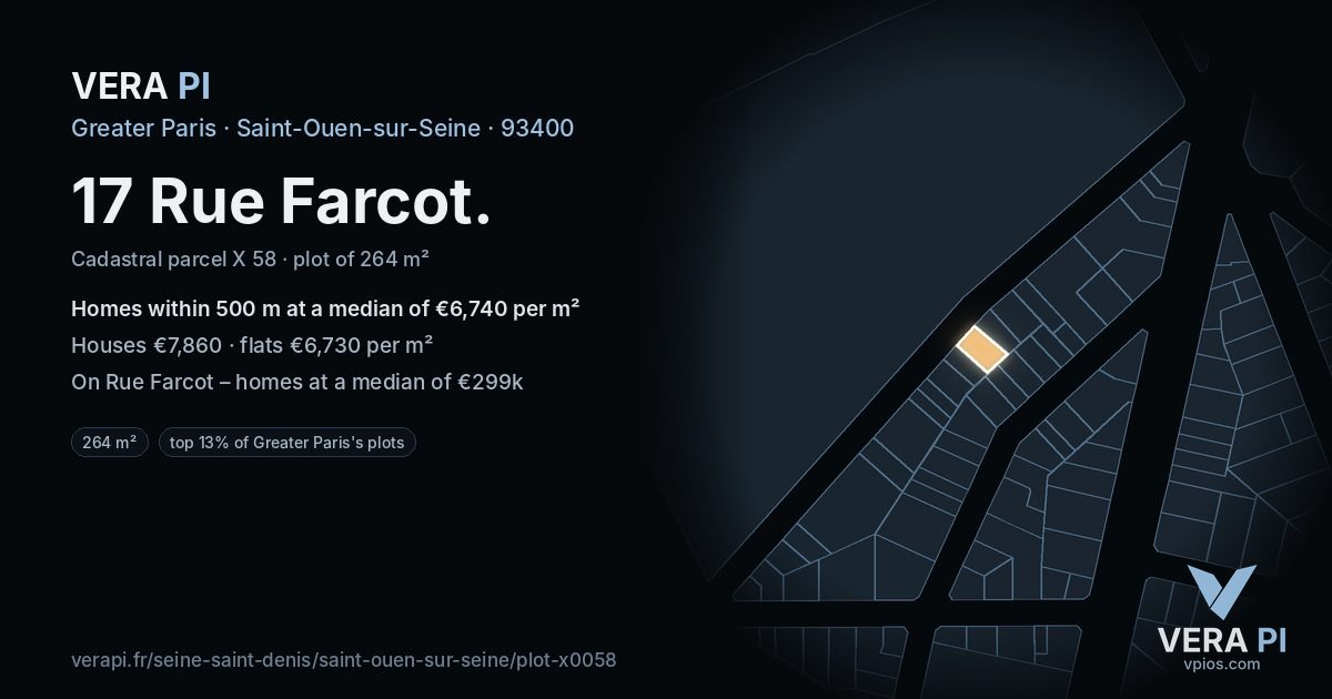 17 Rue Farcot, Saint-Ouen-sur-Seine at night – the plot lit, the parcels around coloured by the prices near them
