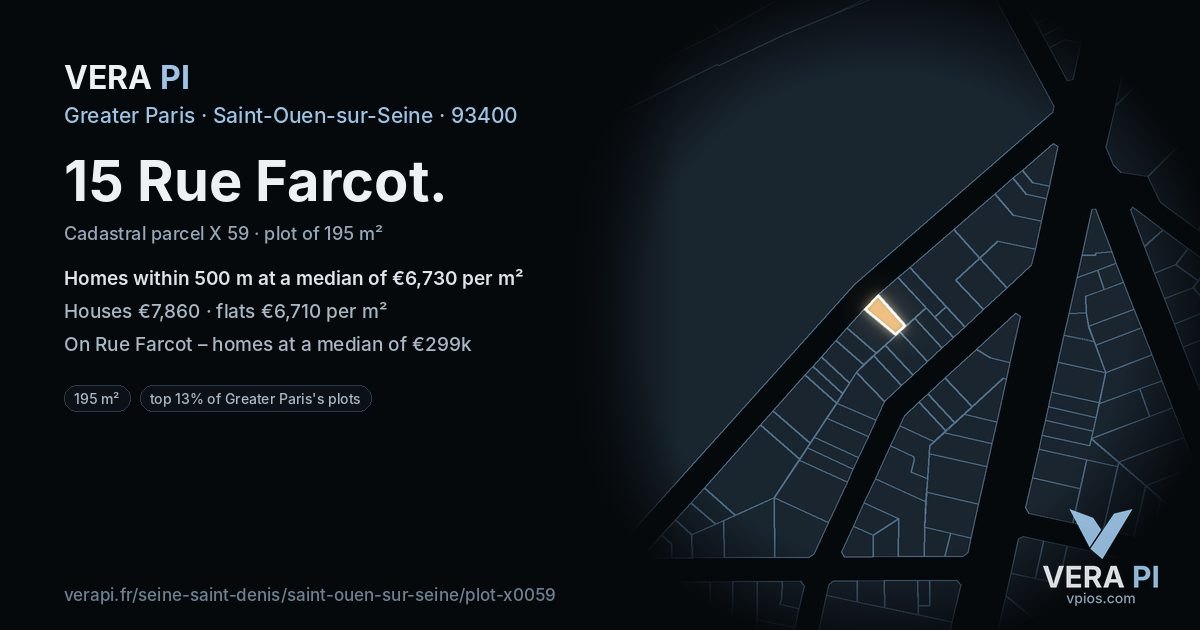 15 Rue Farcot, Saint-Ouen-sur-Seine at night – the plot lit, the parcels around coloured by the prices near them
