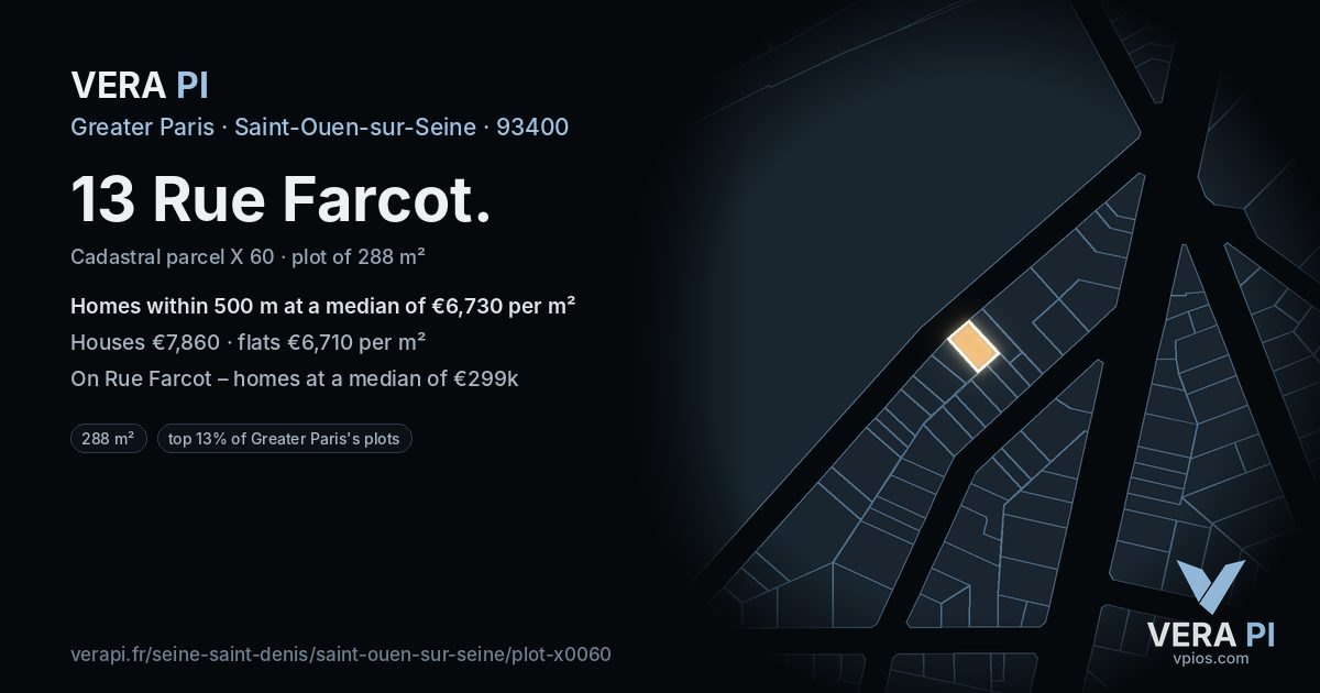 13 Rue Farcot, Saint-Ouen-sur-Seine at night – the plot lit, the parcels around coloured by the prices near them