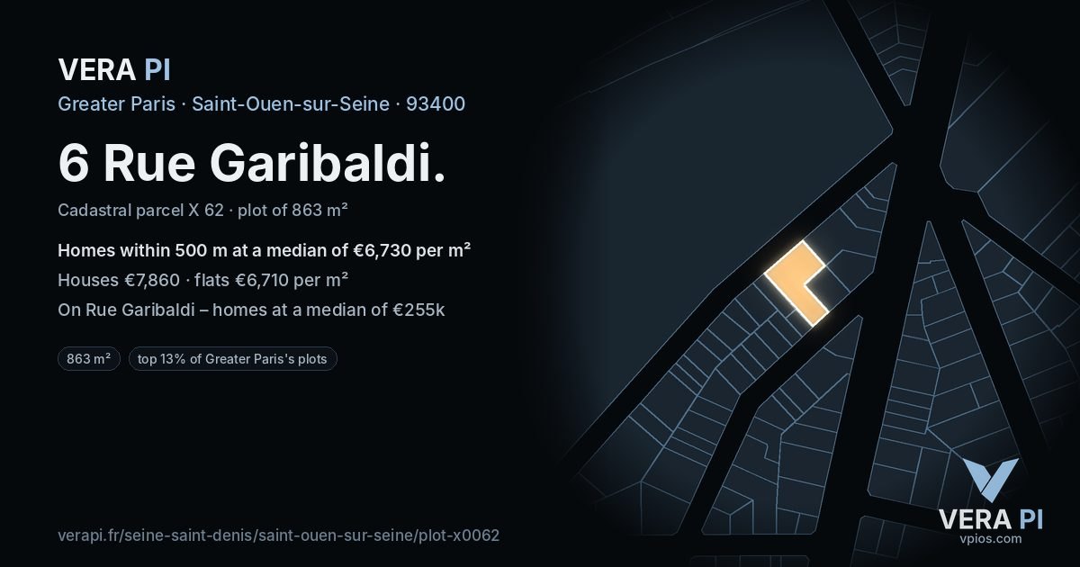 6 Rue Garibaldi, Saint-Ouen-sur-Seine at night – the plot lit, the parcels around coloured by the prices near them