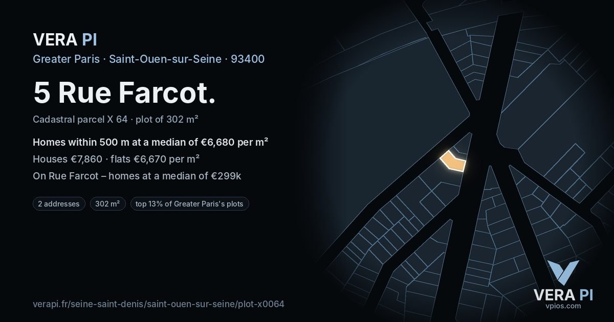 5 Rue Farcot, Saint-Ouen-sur-Seine at night – the plot lit, the parcels around coloured by the prices near them