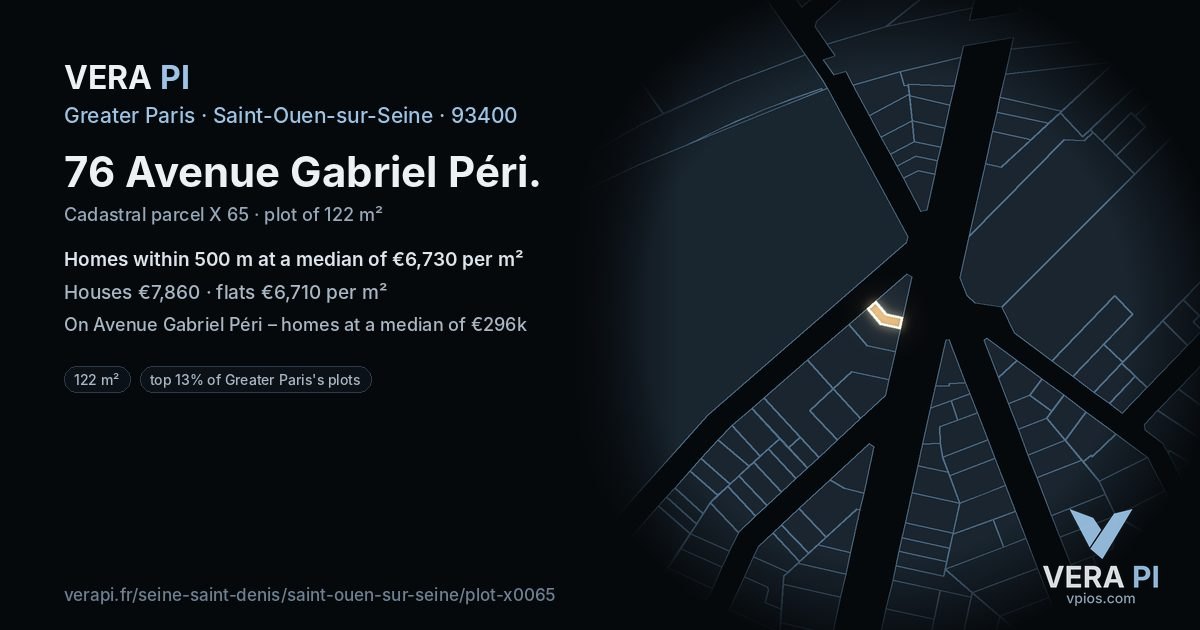 76 Avenue Gabriel Péri, Saint-Ouen-sur-Seine at night – the plot lit, the parcels around coloured by the prices near them