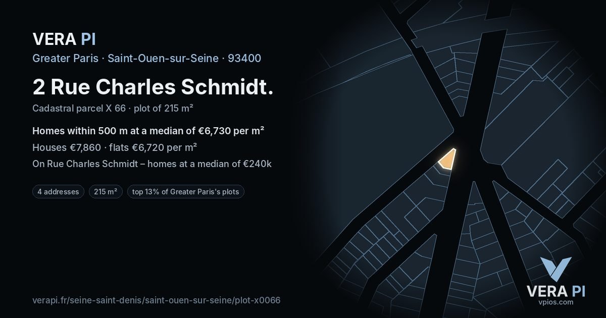 2 Rue Charles Schmidt, Saint-Ouen-sur-Seine at night – the plot lit, the parcels around coloured by the prices near them