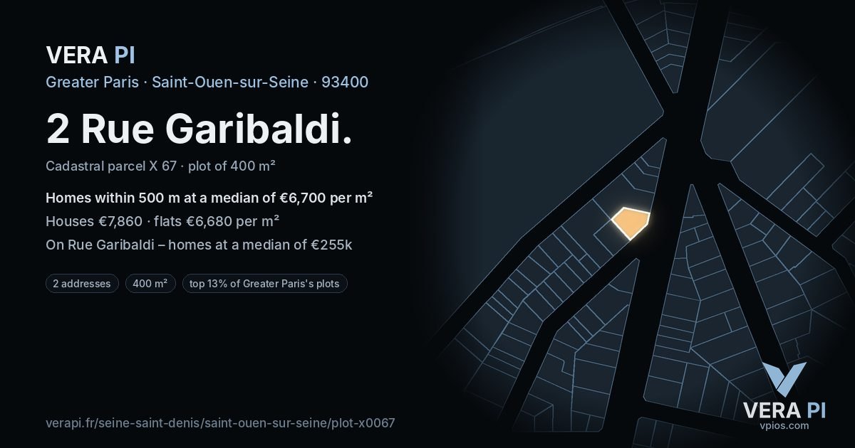 2 Rue Garibaldi, Saint-Ouen-sur-Seine at night – the plot lit, the parcels around coloured by the prices near them