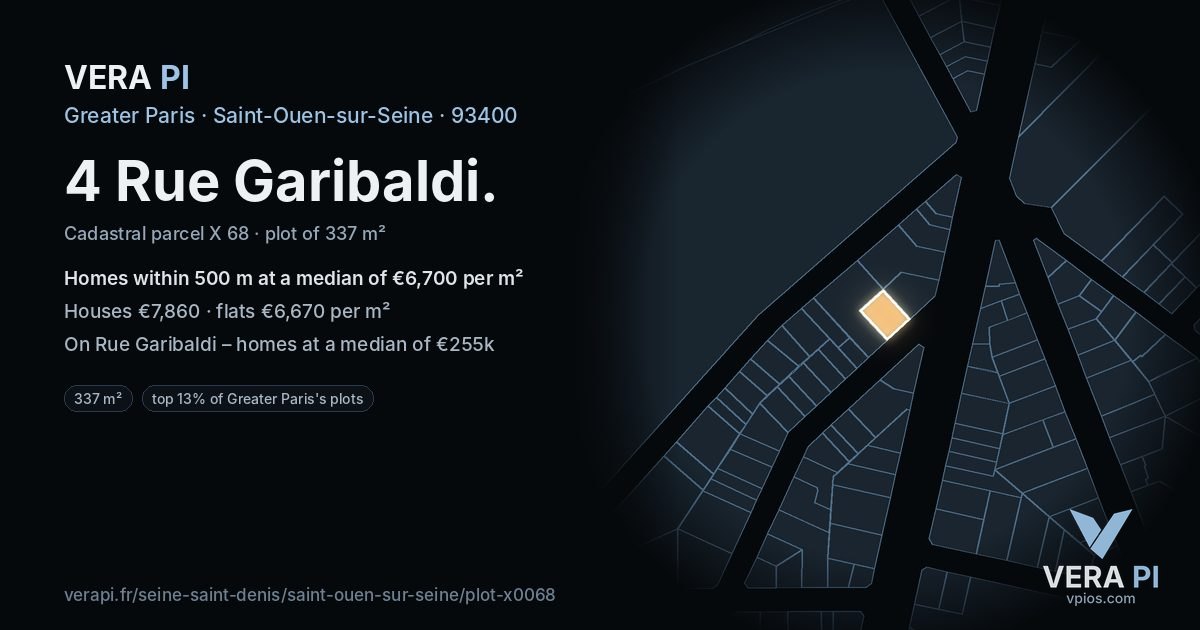 4 Rue Garibaldi, Saint-Ouen-sur-Seine at night – the plot lit, the parcels around coloured by the prices near them
