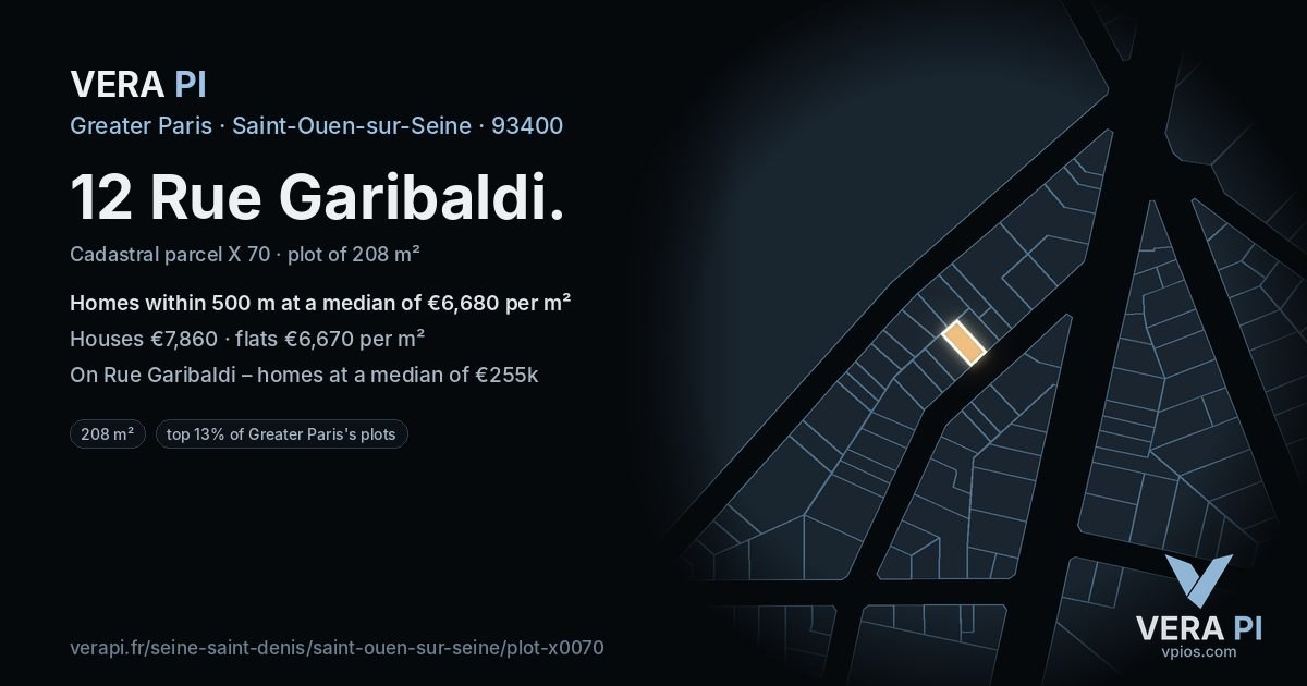 12 Rue Garibaldi, Saint-Ouen-sur-Seine at night – the plot lit, the parcels around coloured by the prices near them