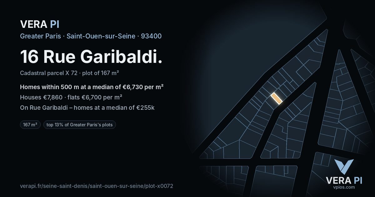 16 Rue Garibaldi, Saint-Ouen-sur-Seine at night – the plot lit, the parcels around coloured by the prices near them