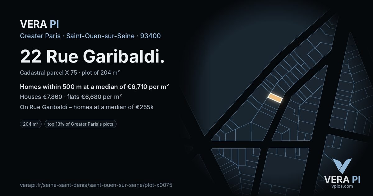 22 Rue Garibaldi, Saint-Ouen-sur-Seine at night – the plot lit, the parcels around coloured by the prices near them