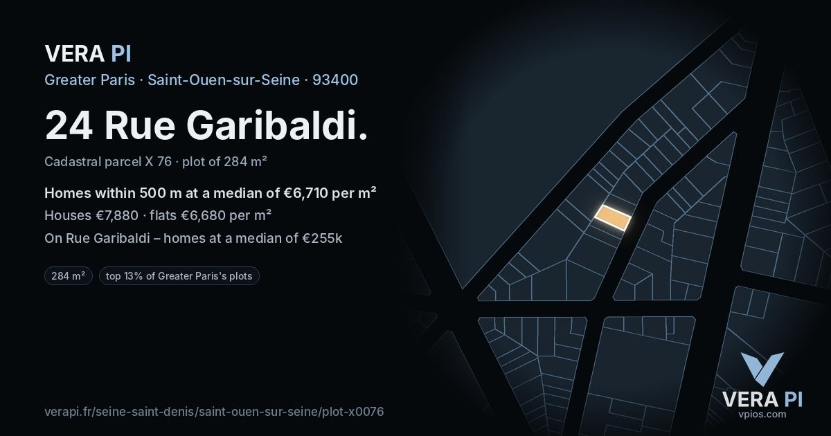 24 Rue Garibaldi, Saint-Ouen-sur-Seine at night – the plot lit, the parcels around coloured by the prices near them