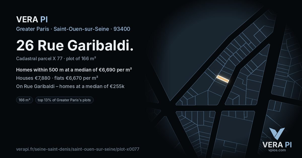 26 Rue Garibaldi, Saint-Ouen-sur-Seine at night – the plot lit, the parcels around coloured by the prices near them