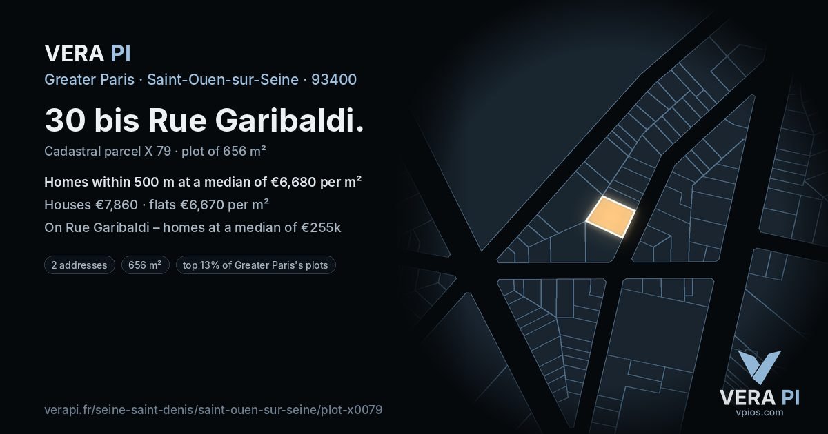 30 bis Rue Garibaldi, Saint-Ouen-sur-Seine at night – the plot lit, the parcels around coloured by the prices near them