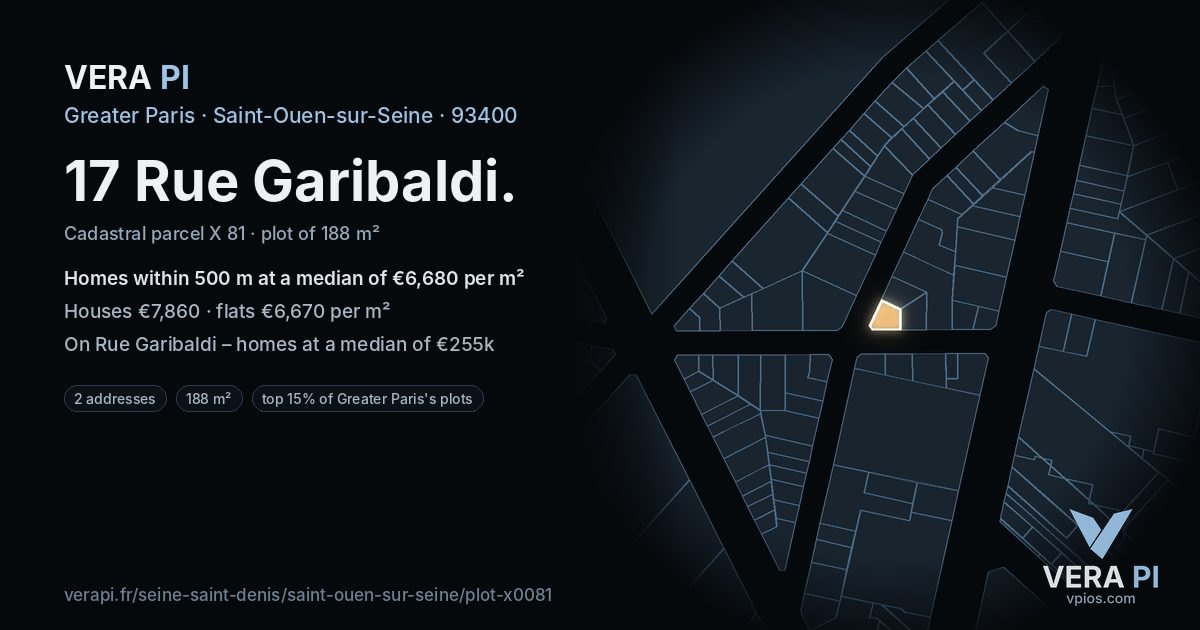 17 Rue Garibaldi, Saint-Ouen-sur-Seine at night – the plot lit, the parcels around coloured by the prices near them