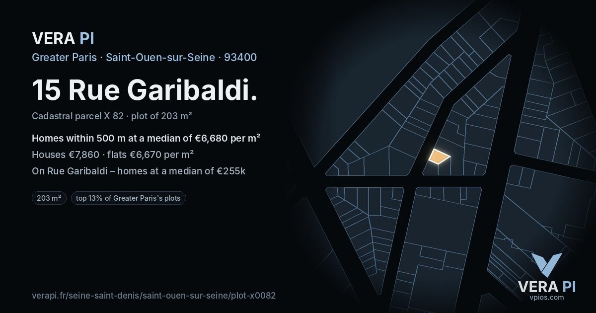 15 Rue Garibaldi, Saint-Ouen-sur-Seine at night – the plot lit, the parcels around coloured by the prices near them