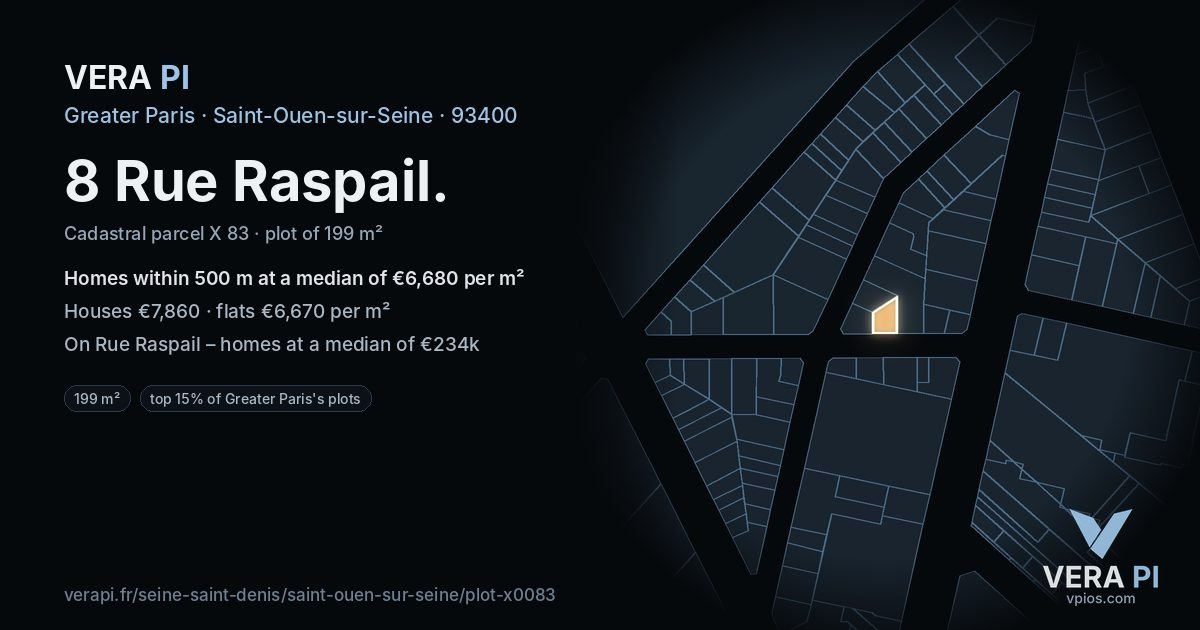 8 Rue Raspail, Saint-Ouen-sur-Seine at night – the plot lit, the parcels around coloured by the prices near them