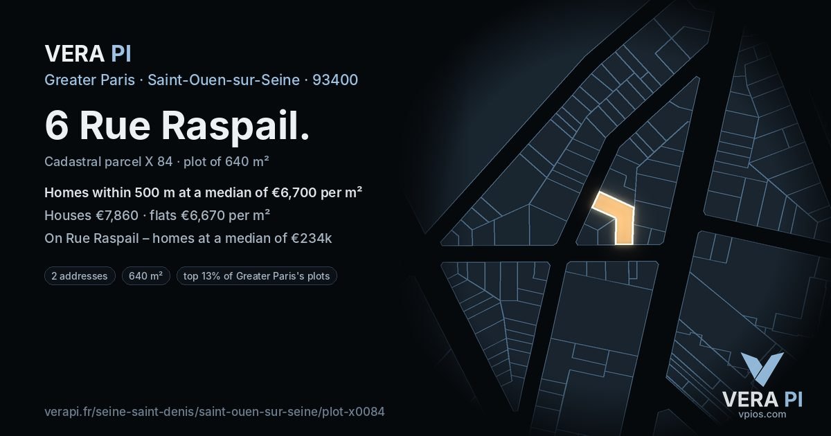 6 Rue Raspail, Saint-Ouen-sur-Seine at night – the plot lit, the parcels around coloured by the prices near them