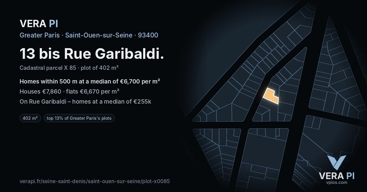 13 bis Rue Garibaldi, Saint-Ouen-sur-Seine at night – the plot lit, the parcels around coloured by the prices near them