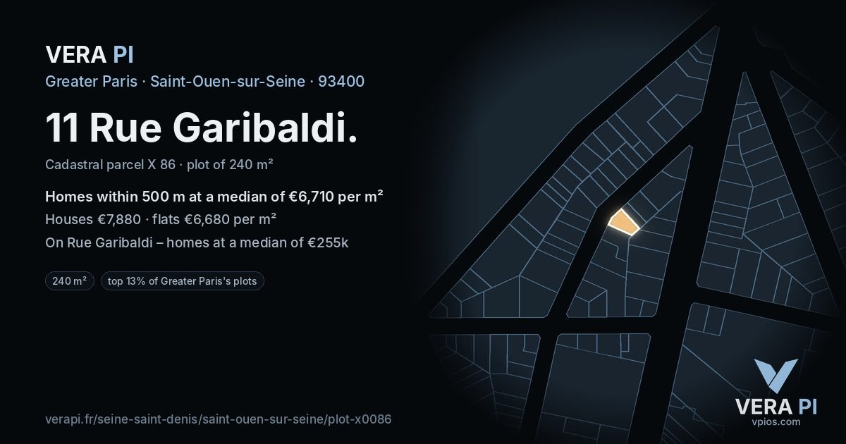 11 Rue Garibaldi, Saint-Ouen-sur-Seine at night – the plot lit, the parcels around coloured by the prices near them