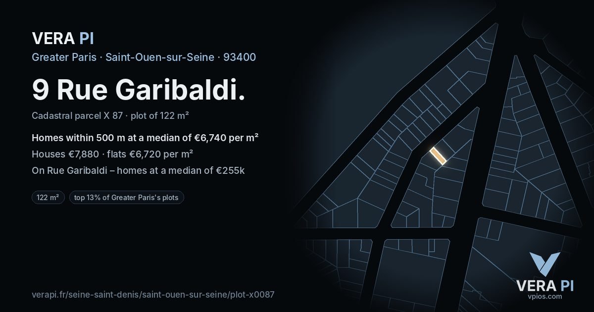 9 Rue Garibaldi, Saint-Ouen-sur-Seine at night – the plot lit, the parcels around coloured by the prices near them